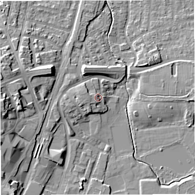 Shaded relief map of the ground around WA158EY, computed from Environment Agency LiDAR. The ground here sits at about 31 m above sea level and falls 16 m across the surrounding 800 m. Surface water reaching this point runs off ground lying to the west-south-west, 2.8 m higher.