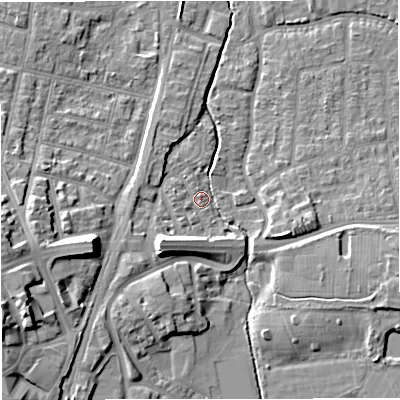 Shaded relief map of the ground around WA158HA, computed from Environment Agency LiDAR. The ground here sits at about 28 m above sea level and falls 15 m across the surrounding 800 m. Surface water reaching this point runs off ground lying to the south-west, 9.6 m higher.