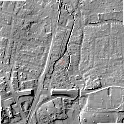 Shaded relief map of the ground around WA158HB, computed from Environment Agency LiDAR. The ground here sits at about 28 m above sea level and falls 17 m across the surrounding 800 m. Surface water reaching this point runs off ground lying to the west-south-west, 2.6 m higher.