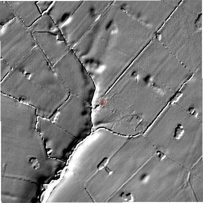 Shaded relief map of the ground around WA160JW, computed from Environment Agency LiDAR. The ground here sits at about 36 m above sea level and falls 11 m across the surrounding 800 m. Surface water reaching this point runs off ground lying to the north-east, 2.4 m higher.