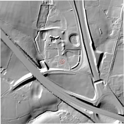 Shaded relief map of the ground around WA160PW, computed from Environment Agency LiDAR. The ground here sits at about 49 m above sea level and falls 16 m across the surrounding 800 m. Surface water reaching this point runs off ground lying to the west-south-west, 6.4 m higher.