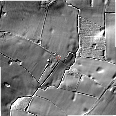 Shaded relief map of the ground around WA160QX, computed from Environment Agency LiDAR. The ground here sits at about 54 m above sea level and falls 10 m across the surrounding 800 m. Surface water reaching this point runs off ground lying to the west-north-west, 1.8 m higher.