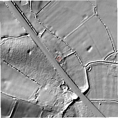 Shaded relief map of the ground around WA160RF, computed from Environment Agency LiDAR. The ground here sits at about 54 m above sea level and falls 9 m across the surrounding 800 m. Surface water reaching this point runs off ground lying to the north-west, 2.0 m higher.