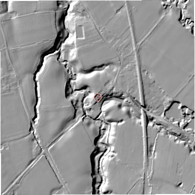 Shaded relief map of the ground around WA166JL, computed from Environment Agency LiDAR. The ground here sits at about 38 m above sea level and falls 16 m across the surrounding 800 m. Surface water reaching this point runs off ground lying to the north-north-east, 3.7 m higher.
