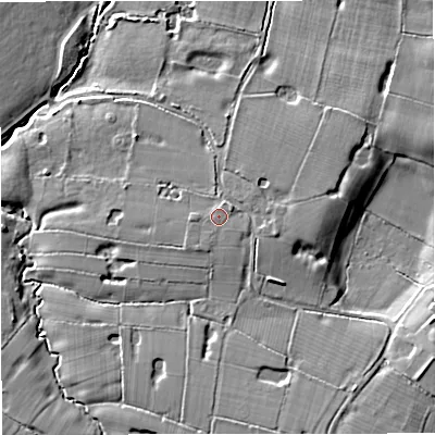Shaded relief map of the ground around WA167LY, computed from Environment Agency LiDAR. The ground here sits at about 59 m above sea level and falls 12 m across the surrounding 800 m. Surface water reaching this point runs off ground lying to the east-north-east, 1.0 m higher.