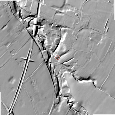 Shaded relief map of the ground around WA167QQ, computed from Environment Agency LiDAR. The ground here sits at about 43 m above sea level and falls 20 m across the surrounding 800 m. Surface water reaching this point runs off ground lying to the east-north-east, 15.1 m higher.