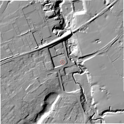 Shaded relief map of the ground around WA168GT, computed from Environment Agency LiDAR. The ground here sits at about 44 m above sea level and falls 19 m across the surrounding 800 m. Surface water reaching this point runs off ground lying to the south, 0.8 m higher.