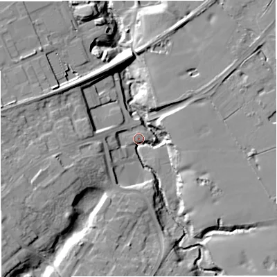 Shaded relief map of the ground around WA168HY, computed from Environment Agency LiDAR. The ground here sits at about 43 m above sea level and falls 18 m across the surrounding 800 m. Surface water reaching this point runs off ground lying to the south-west, 14.9 m higher.