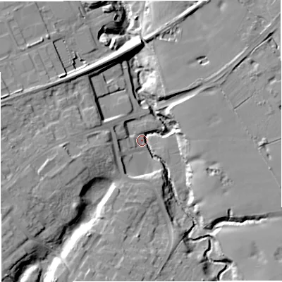 Shaded relief map of the ground around WA168PR, computed from Environment Agency LiDAR. The ground here sits at about 42 m above sea level and falls 18 m across the surrounding 800 m. Surface water reaching this point runs off ground lying to the west-south-west, 15.6 m higher.