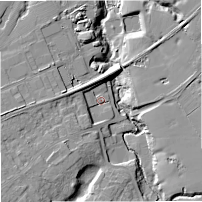 Shaded relief map of the ground around WA168ZR, computed from Environment Agency LiDAR. The ground here sits at about 44 m above sea level and falls 19 m across the surrounding 800 m. Surface water reaching this point runs off ground lying to the south-west, 12.7 m higher.