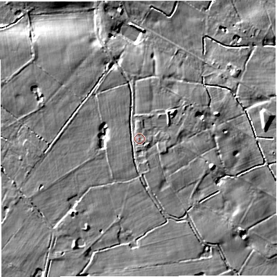 Shaded relief map of the ground around WA169SN, computed from Environment Agency LiDAR. The ground here sits at about 35 m above sea level and falls 9 m across the surrounding 800 m. Surface water reaching this point runs off ground lying to the south-south-east, 1.7 m higher.