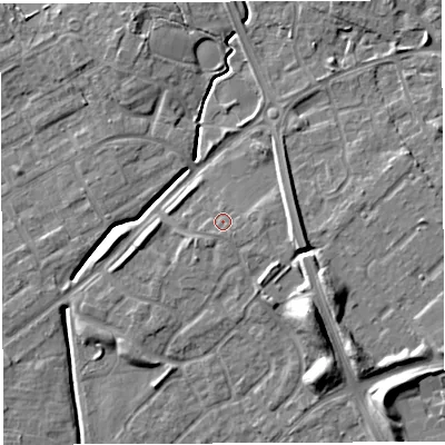 Shaded relief map of the ground around WA20DS, computed from Environment Agency LiDAR. The ground here sits at about 12 m above sea level and falls 11 m across the surrounding 800 m. Surface water reaching this point runs off ground lying to the south-south-west, 1.0 m higher.