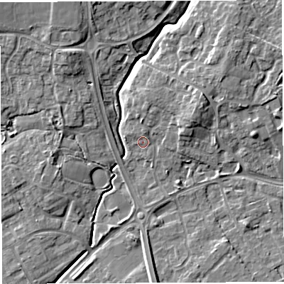 Shaded relief map of the ground around WA20DW, computed from Environment Agency LiDAR. The ground here sits at about 12 m above sea level and falls 8 m across the surrounding 800 m. Surface water reaching this point runs off ground lying to the east-north-east, 4.1 m higher.