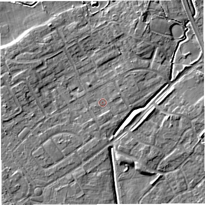 Shaded relief map of the ground around WA20EB, computed from Environment Agency LiDAR. The ground here sits at about 11 m above sea level and falls 6 m across the surrounding 800 m. Surface water reaching this point runs off ground lying to the north-north-east, 5.0 m higher.