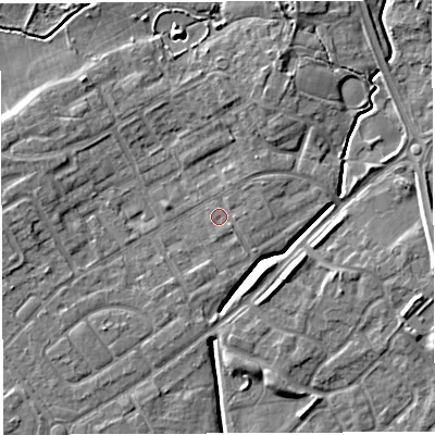 Shaded relief map of the ground around WA20ED, computed from Environment Agency LiDAR. The ground here sits at about 11 m above sea level and falls 7 m across the surrounding 800 m. Surface water reaching this point runs off ground lying to the east-north-east, 0.9 m higher.