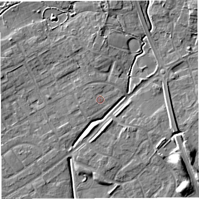 Shaded relief map of the ground around WA20EE, computed from Environment Agency LiDAR. The ground here sits at about 11 m above sea level and falls 11 m across the surrounding 800 m. Surface water reaching this point runs off ground lying to the north, 0.8 m higher.