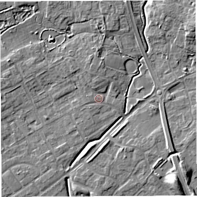 Shaded relief map of the ground around WA20EF, computed from Environment Agency LiDAR. The ground here sits at about 12 m above sea level and falls 11 m across the surrounding 800 m. Surface water reaching this point runs off ground lying to the north, 2.0 m higher.