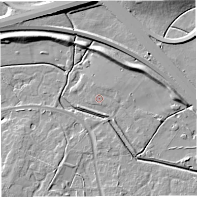 Shaded relief map of the ground around WA20EH, computed from Environment Agency LiDAR. The ground here sits at about 14 m above sea level and falls 12 m across the surrounding 800 m. Surface water reaching this point runs off ground lying to the north-east, 1.1 m higher.