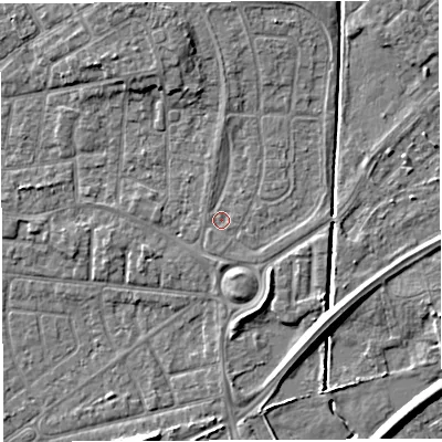 Shaded relief map of the ground around WA20ES, computed from Environment Agency LiDAR. The ground here sits at about 9 m above sea level and falls 6 m across the surrounding 800 m. Surface water reaching this point runs off ground lying to the north-north-east, 2.0 m higher.