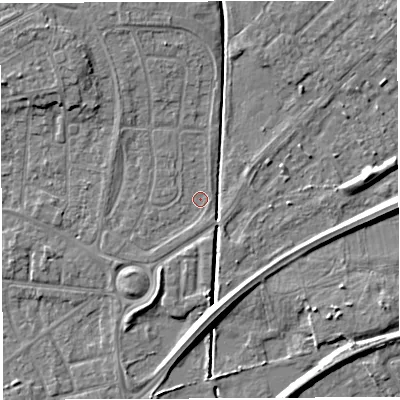 Shaded relief map of the ground around WA20ET, computed from Environment Agency LiDAR. The ground here sits at about 9 m above sea level and falls 6 m across the surrounding 800 m. Surface water reaching this point runs off ground lying to the south, 1.0 m higher.