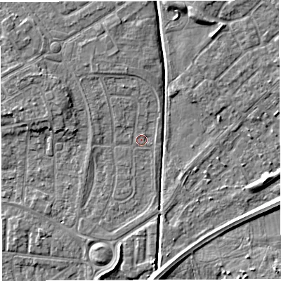 Shaded relief map of the ground around WA20EU, computed from Environment Agency LiDAR. The ground here sits at about 9 m above sea level and falls 6 m across the surrounding 800 m. Surface water reaching this point runs off ground lying to the north-north-west, 2.2 m higher.
