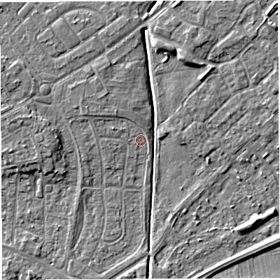 Shaded relief map of the ground around WA20EX, computed from Environment Agency LiDAR. The ground here sits at about 10 m above sea level and falls 6 m across the surrounding 800 m. Surface water reaching this point runs off ground lying to the north-west, 1.4 m higher.