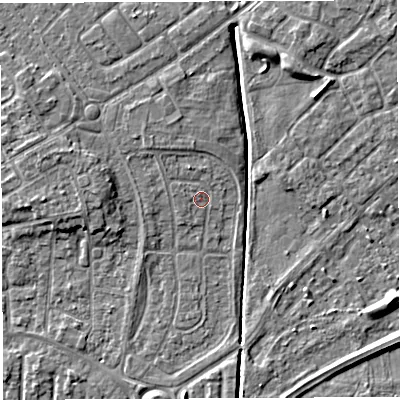 Shaded relief map of the ground around WA20EZ, computed from Environment Agency LiDAR. The ground here sits at about 10 m above sea level and falls 5 m across the surrounding 800 m. Surface water reaching this point runs off ground lying to the north-north-west, 1.3 m higher.