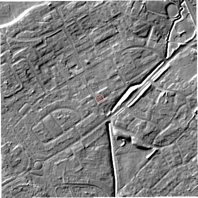 Shaded relief map of the ground around WA20FE, computed from Environment Agency LiDAR. The ground here sits at about 11 m above sea level and falls 6 m across the surrounding 800 m. Surface water reaching this point runs off ground lying to the north, 0.6 m higher.