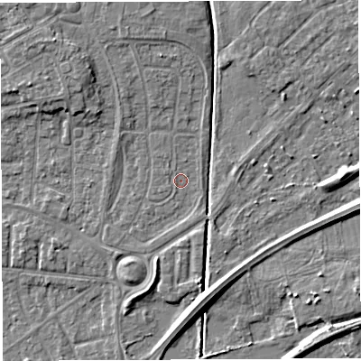 Shaded relief map of the ground around WA20HA, computed from Environment Agency LiDAR. The ground here sits at about 9 m above sea level and falls 6 m across the surrounding 800 m. Surface water reaching this point runs off ground lying to the south-west, 0.7 m higher.