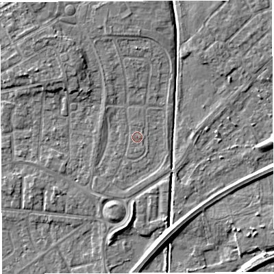 Shaded relief map of the ground around WA20HB, computed from Environment Agency LiDAR. The ground here sits at about 9 m above sea level and falls 6 m across the surrounding 800 m. Surface water reaching this point runs off ground lying to the east-north-east, 0.7 m higher.