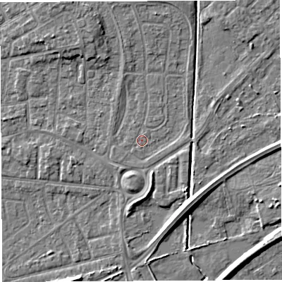 Shaded relief map of the ground around WA20HE, computed from Environment Agency LiDAR. The ground here sits at about 9 m above sea level and falls 6 m across the surrounding 800 m. The ground contributing surface water to this point lies to the west-south-west.