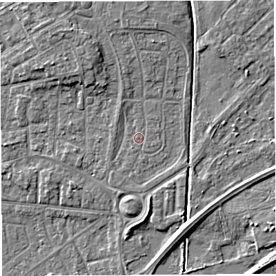 Shaded relief map of the ground around WA20HF, computed from Environment Agency LiDAR. The ground here sits at about 9 m above sea level and falls 6 m across the surrounding 800 m. Surface water reaching this point runs off ground lying to the north, 2.3 m higher.