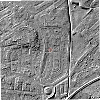 Shaded relief map of the ground around WA20HG, computed from Environment Agency LiDAR. The ground here sits at about 9 m above sea level and falls 6 m across the surrounding 800 m. Surface water reaching this point runs off ground lying to the north, 2.0 m higher.