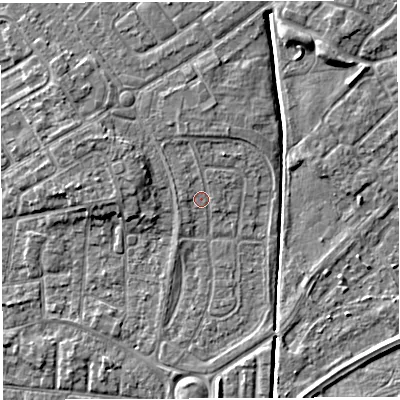 Shaded relief map of the ground around WA20HH, computed from Environment Agency LiDAR. The ground here sits at about 10 m above sea level and falls 5 m across the surrounding 800 m. Surface water reaching this point runs off ground lying to the north-north-west, 1.5 m higher.