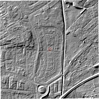 Shaded relief map of the ground around WA20HQ, computed from Environment Agency LiDAR. The ground here sits at about 9 m above sea level and falls 6 m across the surrounding 800 m. Surface water reaching this point runs off ground lying to the north-north-west, 2.3 m higher.