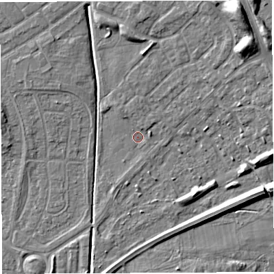Shaded relief map of the ground around WA20JP, computed from Environment Agency LiDAR. The ground here sits at about 10 m above sea level and falls 11 m across the surrounding 800 m. Surface water reaching this point runs off ground lying to the east-north-east, 1.4 m higher.