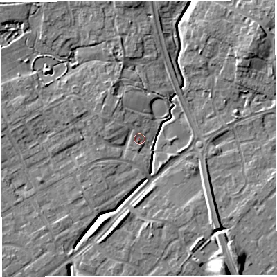 Shaded relief map of the ground around WA20RP, computed from Environment Agency LiDAR. The ground here sits at about 12 m above sea level and falls 11 m across the surrounding 800 m. Surface water reaching this point runs off ground lying to the north-west, 3.4 m higher.