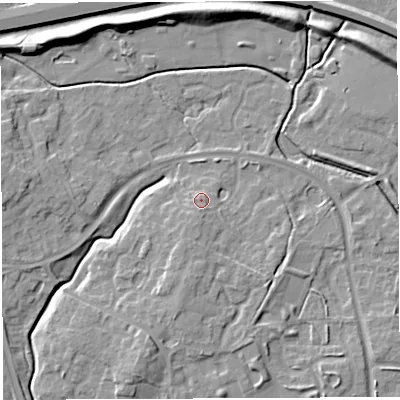 Shaded relief map of the ground around WA20SG, computed from Environment Agency LiDAR. The ground here sits at about 14 m above sea level and falls 10 m across the surrounding 800 m. Surface water reaching this point runs off ground lying to the south, 1.8 m higher.