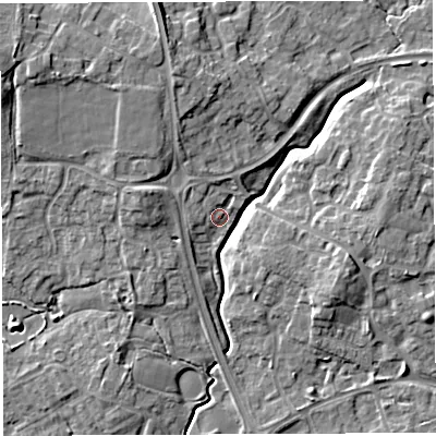 Shaded relief map of the ground around WA20ST, computed from Environment Agency LiDAR. The ground here sits at about 13 m above sea level and falls 9 m across the surrounding 800 m. Surface water reaching this point runs off ground lying to the north, 2.1 m higher.