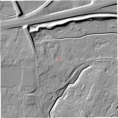 Shaded relief map of the ground around WA20UL, computed from Environment Agency LiDAR. The ground here sits at about 13 m above sea level and falls 11 m across the surrounding 800 m. Surface water reaching this point runs off ground lying to the south-south-west, 1.9 m higher.