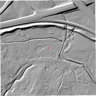 Shaded relief map of the ground around WA20UP, computed from Environment Agency LiDAR. The ground here sits at about 12 m above sea level and falls 13 m across the surrounding 800 m. Surface water reaching this point runs off ground lying to the south-south-east, 1.7 m higher.