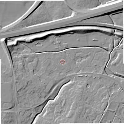 Shaded relief map of the ground around WA20UR, computed from Environment Agency LiDAR. The ground here sits at about 12 m above sea level and falls 12 m across the surrounding 800 m. Surface water reaching this point runs off ground lying to the west-north-west, 9.8 m higher.