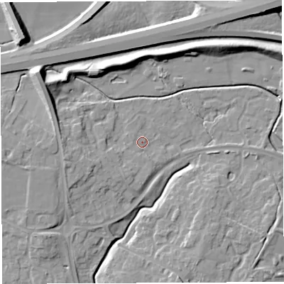 Shaded relief map of the ground around WA20UT, computed from Environment Agency LiDAR. The ground here sits at about 12 m above sea level and falls 11 m across the surrounding 800 m. Surface water reaching this point runs off ground lying to the west-south-west, 3.5 m higher.