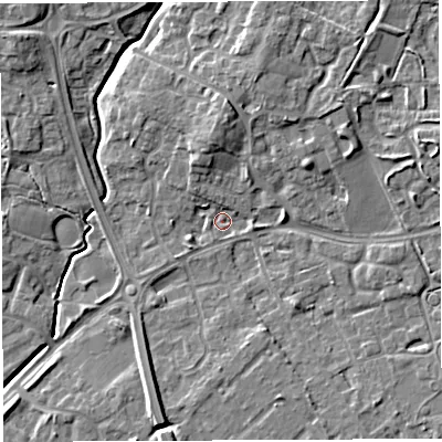 Shaded relief map of the ground around WA20YA, computed from Environment Agency LiDAR. The ground here sits at about 12 m above sea level and falls 8 m across the surrounding 800 m. Surface water reaching this point runs off ground lying to the east-south-east, 2.1 m higher.
