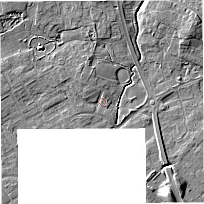 Shaded relief map of the ground around WA20YD, computed from Environment Agency LiDAR. The ground here sits at about 12 m above sea level and falls 10 m across the surrounding 800 m. Surface water reaching this point runs off ground lying to the north-west, 2.4 m higher.