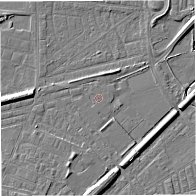 Shaded relief map of the ground around WA27GB, computed from Environment Agency LiDAR. The ground here sits at about 9 m above sea level and falls 8 m across the surrounding 800 m. Surface water reaching this point runs off ground lying to the north-north-east, 2.0 m higher.