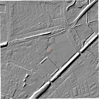 Shaded relief map of the ground around WA27RZ, computed from Environment Agency LiDAR. The ground here sits at about 9 m above sea level and falls 8 m across the surrounding 800 m. Surface water reaching this point runs off ground lying to the south-south-west, 7.2 m higher.