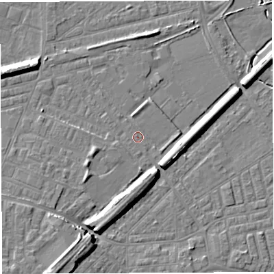Shaded relief map of the ground around WA27SQ, computed from Environment Agency LiDAR. The ground here sits at about 9 m above sea level and falls 9 m across the surrounding 800 m. Surface water reaching this point runs off ground lying to the south-south-west, 8.2 m higher.