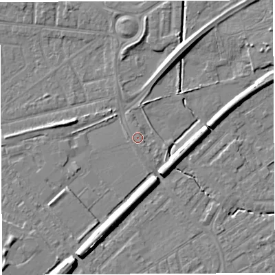 Shaded relief map of the ground around WA27SS, computed from Environment Agency LiDAR. The ground here sits at about 9 m above sea level and falls 8 m across the surrounding 800 m. Surface water reaching this point runs off ground lying to the south-south-west, 7.9 m higher.