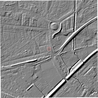 Shaded relief map of the ground around WA27SY, computed from Environment Agency LiDAR. The ground here sits at about 9 m above sea level and falls 7 m across the surrounding 800 m. Surface water reaching this point runs off ground lying to the north-north-west, 0.5 m higher.